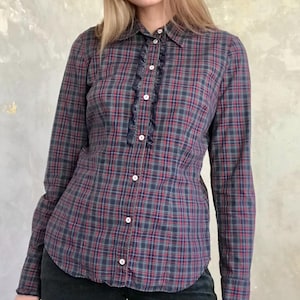 vintage y2k plaid navy blue ruffled long sleeve cotton blouse