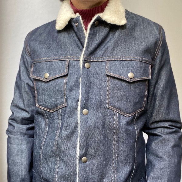 deadstock 70s style mod men's sheepskin denim jacket