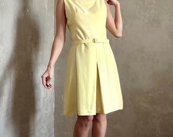vintage 60s wool mini dress — yellow mod a-line, belted, high neck, size M