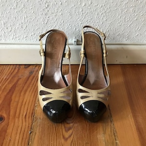 vintage Y2K 2000s colorblock black & tan patent leather d&#39;orsay slingback platform heels Chanel Karl Lagerfeld era