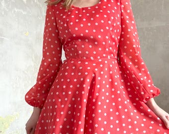 vintage red polka dot mini dress — 70s mod, handmade, babydoll mod, puff sleeve