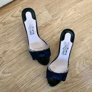vintage y2k Salvatore Ferragamo black & white kitten heel bow mules