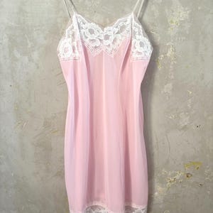vintage 70s 80s baby pink nylon floral lace slip dress
