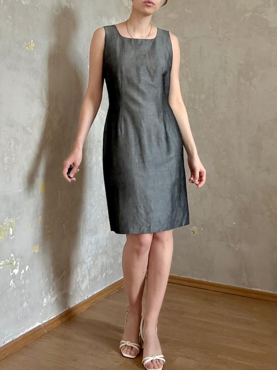 vintage 90s y2k minimalist grey sleeveless sheath midi dress