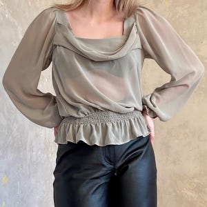 vintage 90s y2k boho see-through grey green long sleeve blouse