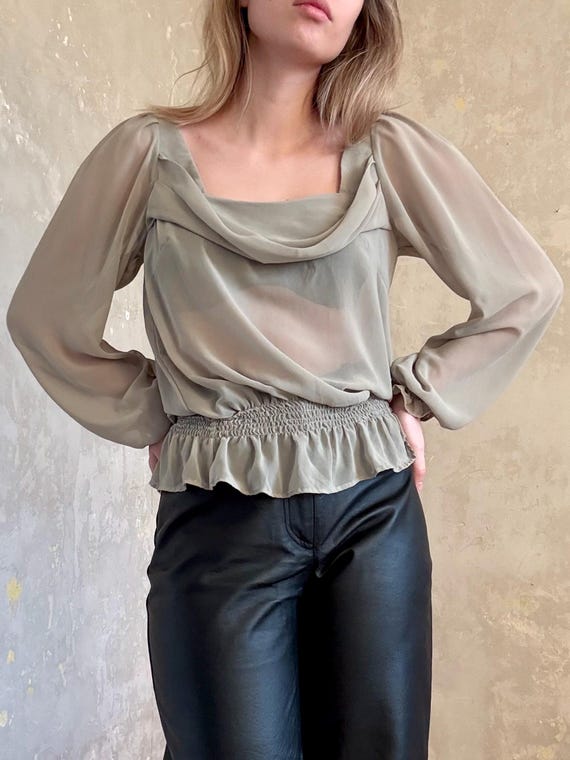 vintage khaki green blouse — 90s y2k boho chic see-through long sleeve top