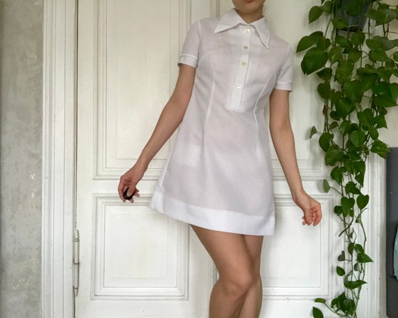 vintage 60s 70s mod white nylon mini tennis dress - image 1