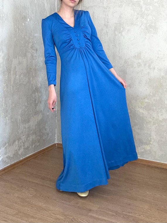 Vintage Blue Maxi Dress -- 70s Mod Button Front Long Sleeve
