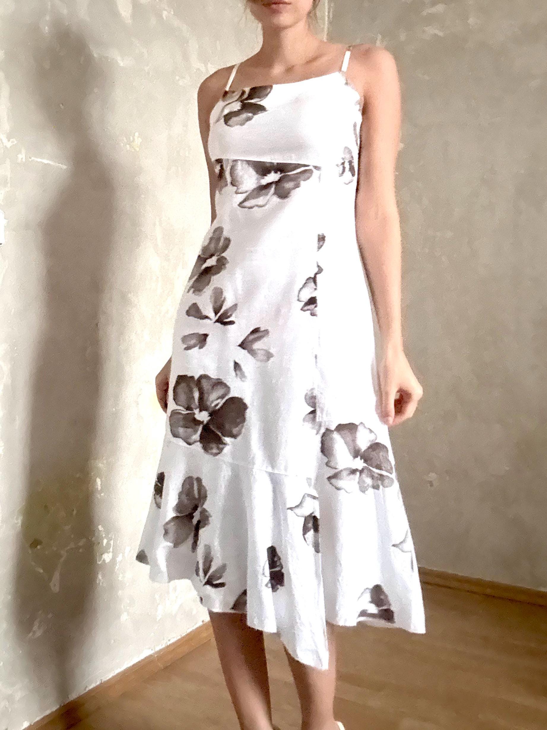 Vintage White Linen Summer Dress  90s Asymmetrical Spaghetti Straps Floral  - Etsy