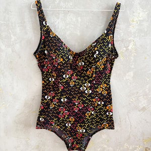 vintage 60s 70s mod hippie black floral one piece swimsuit