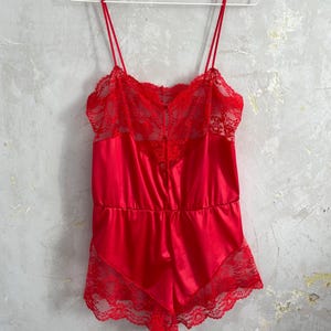 vintage 90s rare Lejaby boudoir red satin and lace teddy lingerie bodysuit sleepwear