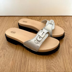 deadstock 70s style Scholl open toe wooden chunky soles silver leather orthopaedic clogs mules sandals