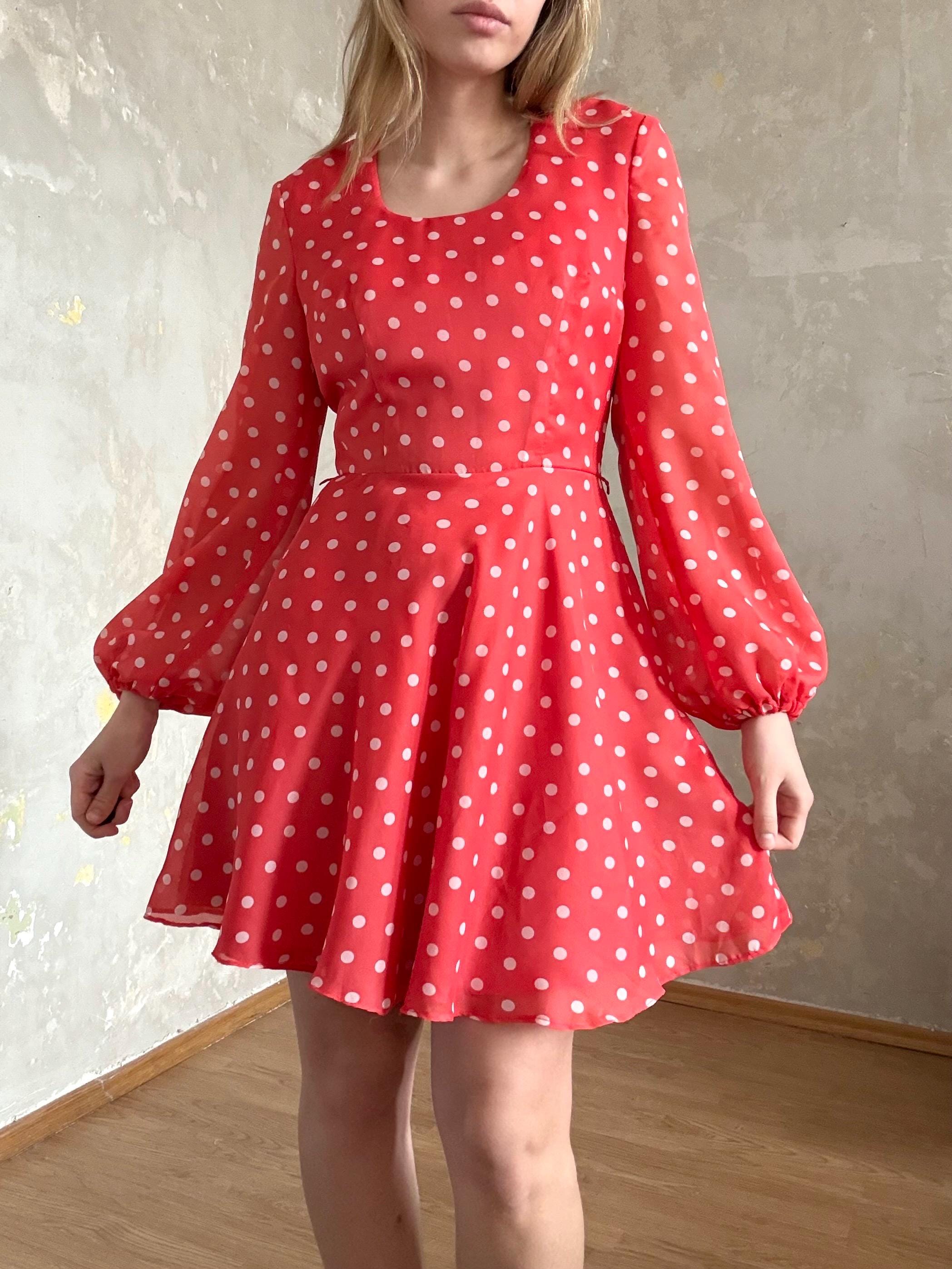 Vintage 60s? handmade dress polkadot gogo drop waist Large Red white