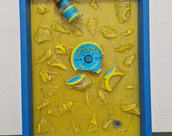 botella rota arte pintura de resina epoxi Botella de ginebra Malfy con luz LED