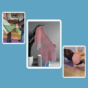May include: A pink and white striped shawl with light blue tassels. The shawl is draped over a person. The image also shows two other images of the shawl being used.