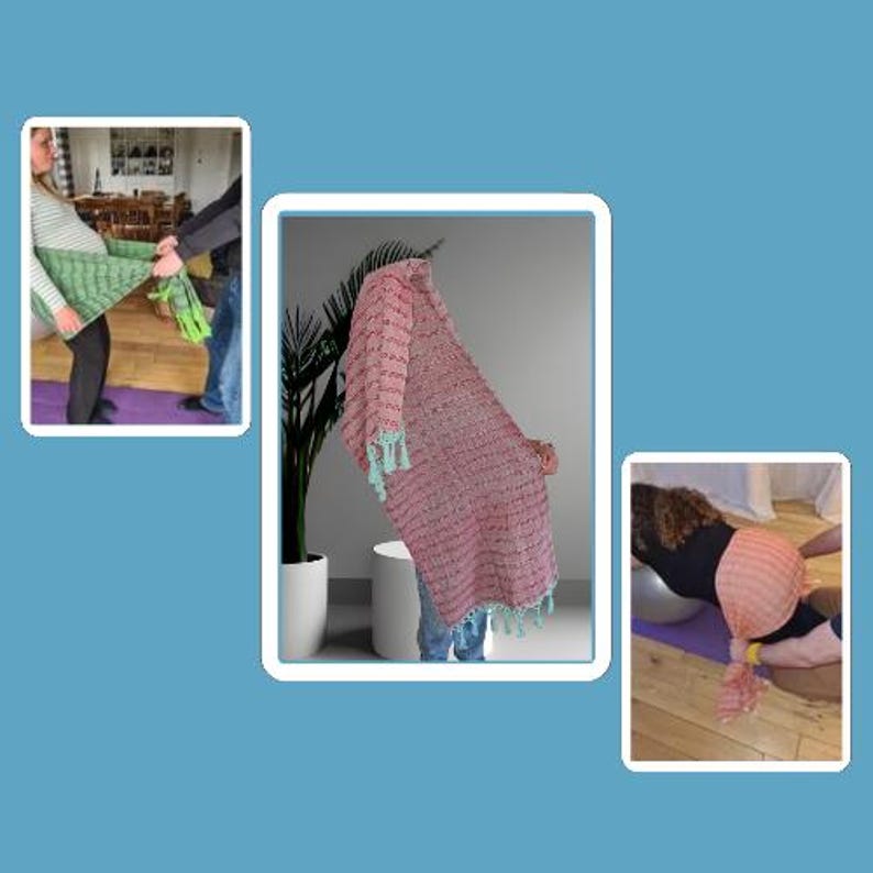 May include: A pink and white striped shawl with light blue tassels. The shawl is draped over a person. The image also shows two other images of the shawl being used.
