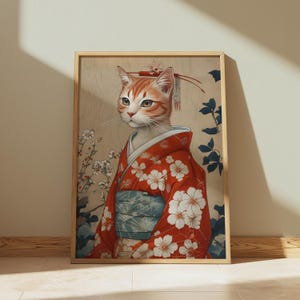 Downloadable Orange Cat in Kimono, Digital Japanese decor, Japan Art Print, Aesthetic Wall art, Cat lover gift, Kimono, Japandi Wall Art