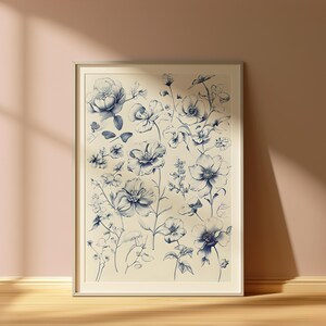 Chinoiserie Flowers Digital Wall Art, Printable Botanical Artwork, Blue and White Floral Decor, Minimalist Wall Art, Printable Digital Art