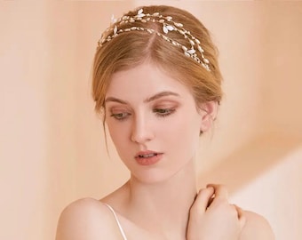 Bridal Hair Crown | Gold Bridal Hair Vine | Ribbon Headband Halo | Crystal Bridal Hair Vine | Floral Hair Piece
