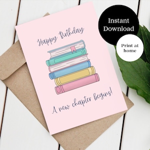 Buch-Geburtstagskarte - Herzlichen Glückwunsch zum Geburtstag, ein neuer Abschnitt beginnt! - Leseratte Karte - Grußkarte zum Ausdrucken