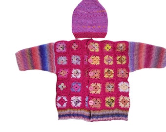 Hand Made Crochet and Knitted Granny Square Kids, Size 4T Sweater with Matching Hat