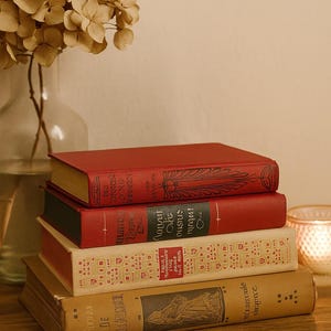 Lote 020 - Pila de 4 libros antiguos en beige/rojo para decoración