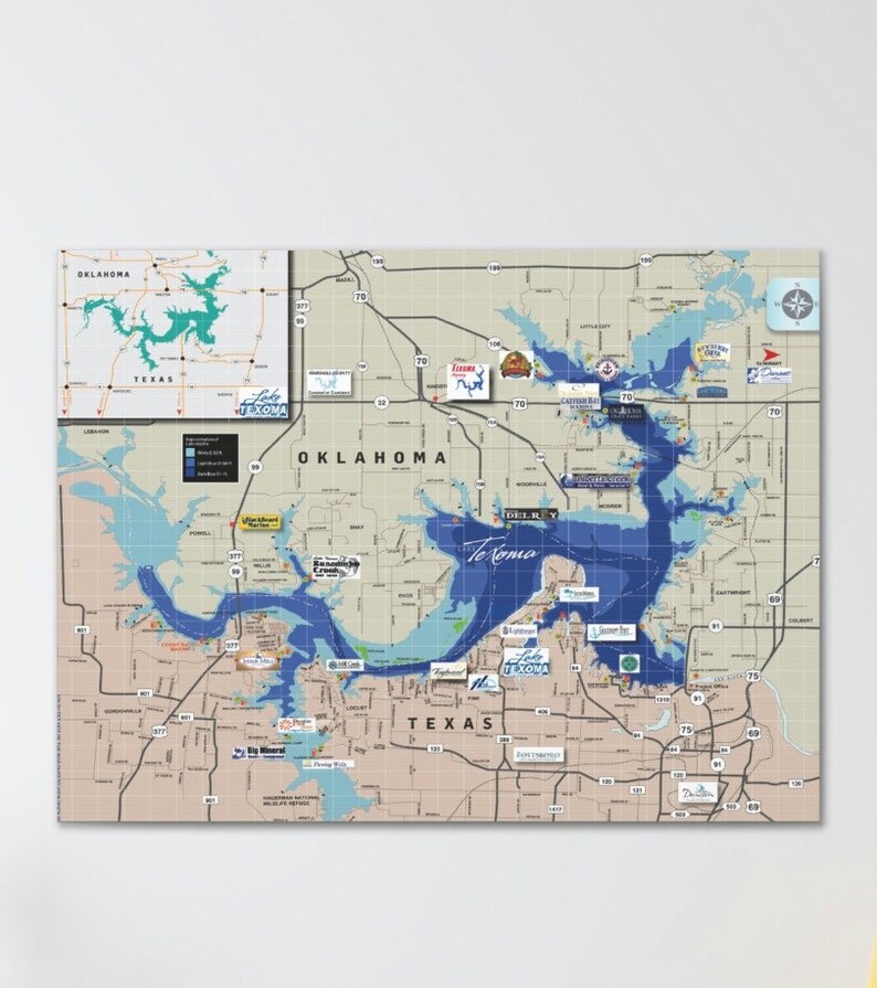 Lake Texoma Canvas Map Wall Art Map Texoma Various Sizes Etsy