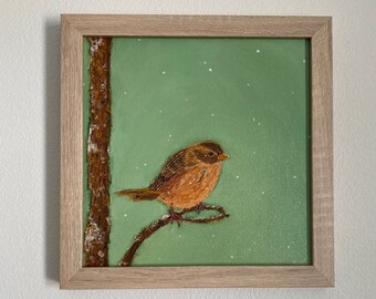 Framed square oil painting - Brown bird, tree branch, green background and slowly falling snow
