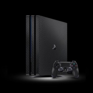 May include: A black PlayStation 4 console with a carbon fiber skin and a matching black controller.