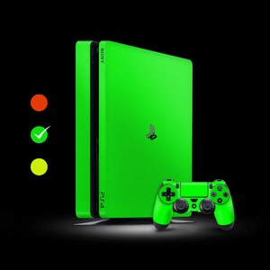 May include: A green Sony PlayStation 4 console with a matching green controller. The console has the text "PS4" on the front and "SONY" on the side.