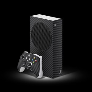 May include: A black and white Xbox Series X console with a carbon fiber design and a matching black and white controller.
