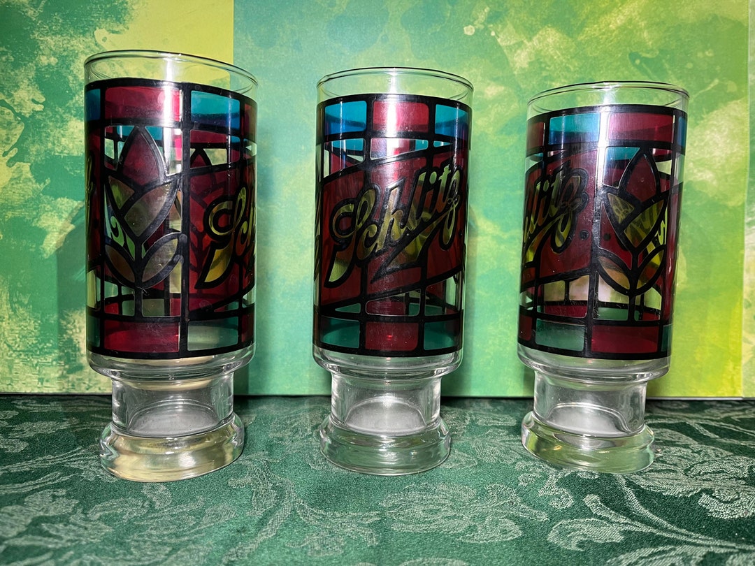 Set of 3 Antique Schlitz Stained Glass Beer Glasses Etsy