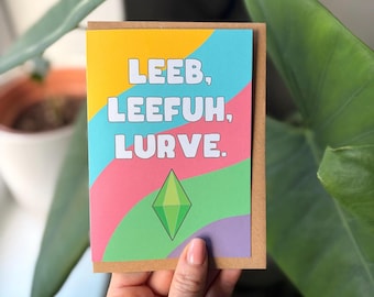 Simlish "Leeb, Leefuh, Lurve" (Live, Laugh, Love) Card | Funny Sims Gamer Plumbob Card