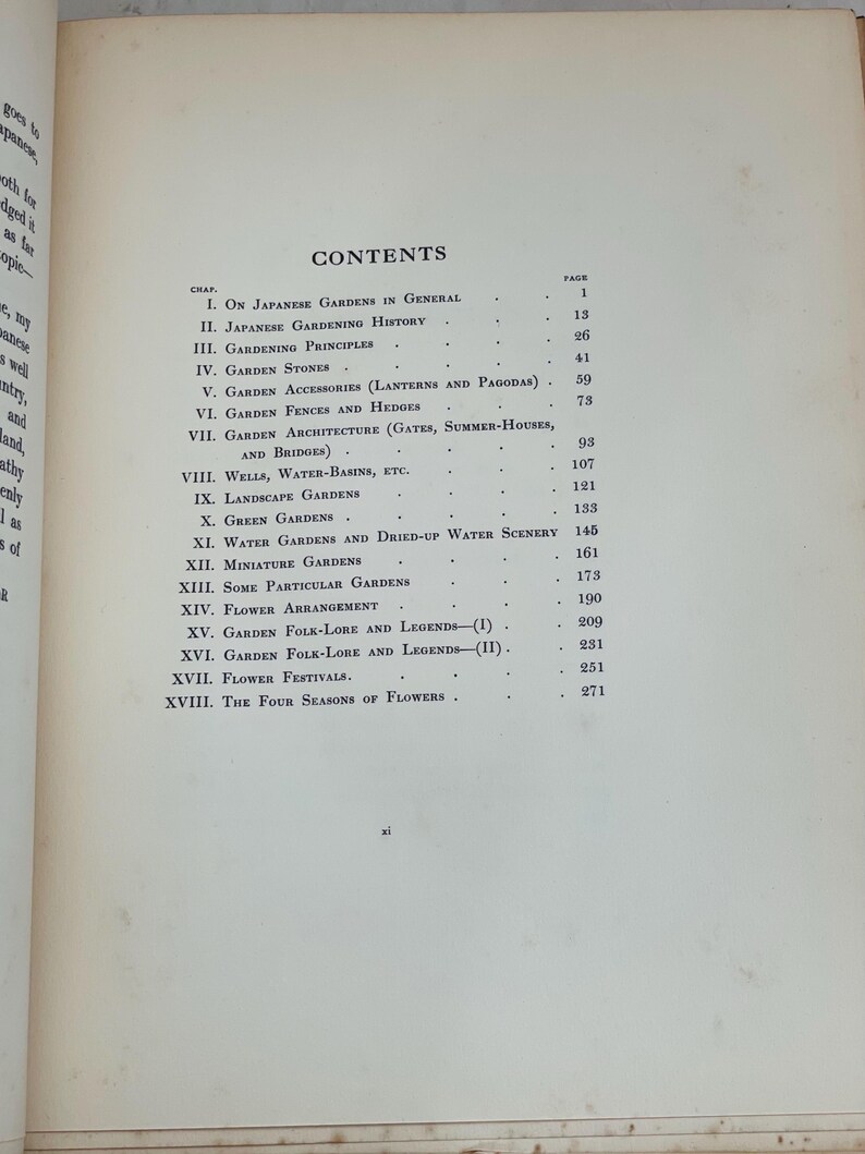 May include: An open book page with the title "CONTENTS" at the top. The page lists chapter titles and page numbers, including topics like Japanese gardens, gardening history, and flower arrangement. The text is in black font.