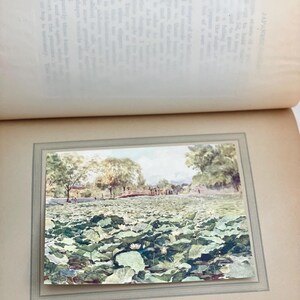 May include: A framed watercolor painting of a lotus pond with lily pads and white flowers. The background shows trees, a bridge, and a building under a light blue sky. The text at the bottom reads "LOTUS, THE CASTLE MOST KOFU."