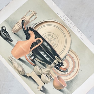 May include: An illustration of ancient ceramic art, featuring various pottery pieces. The image showcases a collection of vases, bowls, and other vessels in shades of black, peach, and cream. The text "CERAMIC ART" and "ANCIENT GREEK, CYPRIAN AND ETRUSCAN" is visible.