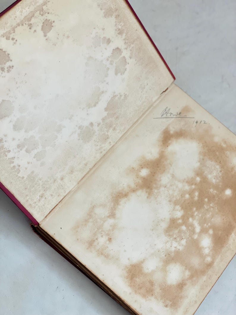 May include: An open antique book with aged, stained pages. The pages show water damage and discoloration, with a handwritten inscription and the year 1912 visible. The book's cover is a deep red.