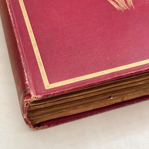 May include: Close-up of a vintage book with a burgundy cover and gold trim. The cover features a gold illustration of a plant. The pages are aged, and the corners show wear.
