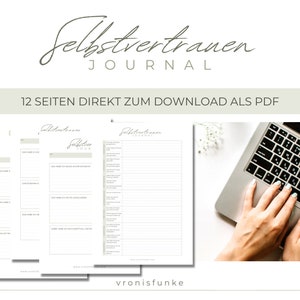 Op de afbeelding: Een digitale download van een 12-pagina's zelfvertrouwen dagboek in PDF-formaat. Het dagboek is ontworpen om mensen te helpen zelfvertrouwen en eigenwaarde op te bouwen. De afbeelding toont een laptop met het dagboek open op het scherm, en een paar handen die op het toetsenbord typen.
