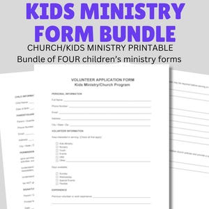 Könnte beinhalten: Ein Bündel von vier Formularen für den Kindergottesdienst. Die Formulare umfassen ein Freiwilligenantragsformular mit Abschnitten für persönliche Informationen, Freiwilligeninformationen und Erfahrung. Der Text "KIDS MINISTRY FORM BUNDLE" wird in Lila angezeigt.