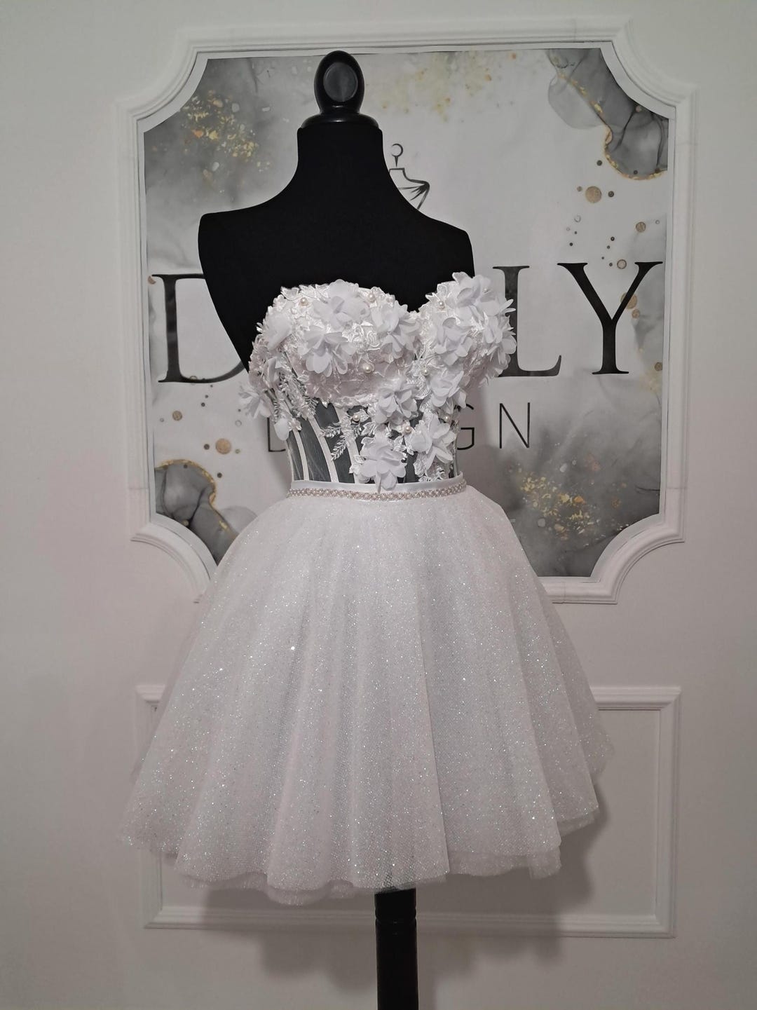 Peach Pink Glitter Tulle Appliques Evening Dress with Corset Bodice Y6173