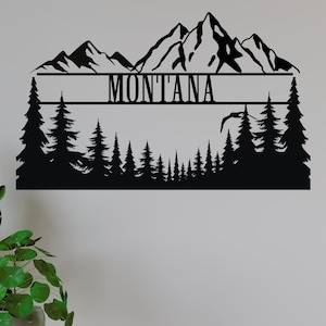 Montana montaña ajuste arte de metal, signo de metal de montaña, signo de metal del bosque, signo de metal de Montana, signos de metal Montana, arte escénico de la montaña