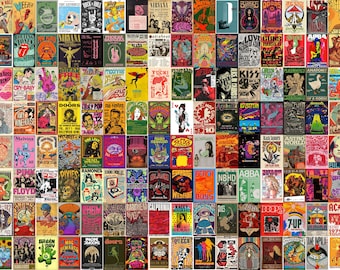 May include: A collage of vintage concert posters featuring various rock bands and musicians. The posters display a variety of colors, fonts, and graphic styles, with band names and concert dates. The collection includes posters for Nirvana, The Beatles, and AC/DC.