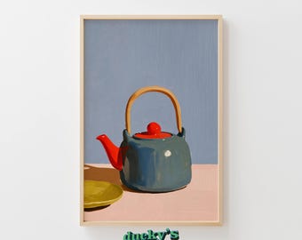 Retro Ceramic Teapot Wall Art | Mid Century Modern Tea Kettle Print | Kitchen Dining Decor