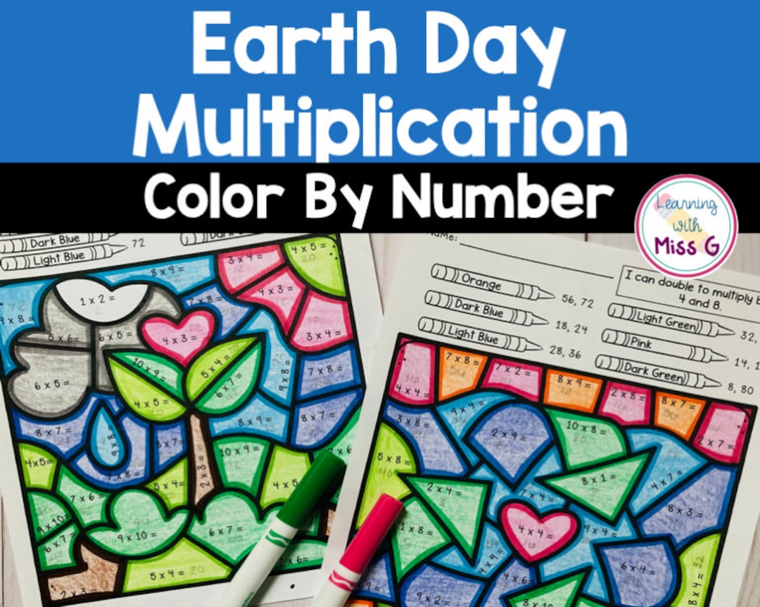 Earth day multiplication color by number worksheets spring coloring
