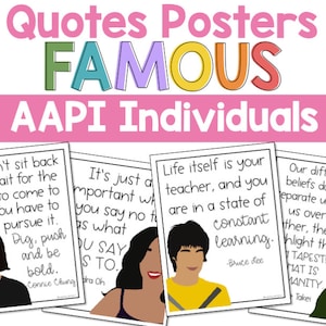 Könnte beinhalten: Vier farbenfrohe Poster mit Zitaten von berühmten asiatisch-amerikanischen und pazifischen Inselbewohnern. Die Poster zeigen Illustrationen der Personen und ihre Zitate. Die Zitate lauten: "Man kann sich nicht zurücklehnen und darauf warten, dass die Geschichte zu einem kommt. Man muss sie verfolgen. Graben, schieben und mutig sein." - Connie Chung, "Genauso wichtig wie das, zu dem man Ja sagt, ist das, zu dem man Nein sagt." - Sandra Oh, "Das Leben selbst ist dein Lehrer, und du befindest dich in einem Zustand des ständigen Lernens." - Bruce Lee, "Unsere Unterschiede in den Überzeugungen trennen uns nicht wirklich oder erheben uns über andere. Vielmehr beleuchten sie die Tapisserie, die die Menschheit darstellt." - Takeru Kobayashi.