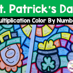 Puede incluir: Una hoja de actividad de colorear por número de multiplicación con temática del Día de San Patricio. La hoja presenta un duende con un pote de oro y un trébol. La actividad requiere que los estudiantes resuelvan problemas de multiplicación y coloreen las secciones correspondientes de la imagen.