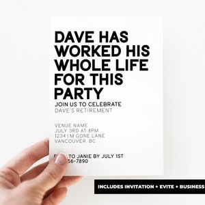 Lot d'invitations à la retraite amusantes modifiables – A travaillé toute la vie – Comprend une invitation 5 x 7, une e-vite de retraite + une carte de visite de retraite –