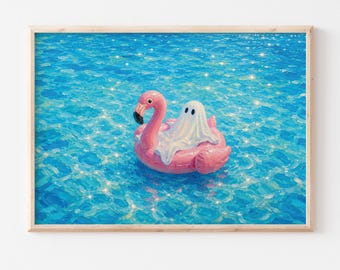 Ghost Flamingo Float Wall Art Print, Summerween Ocean Ghost Art, Sparkly Blue Water Print, Whimsical Halloween Beach Decor