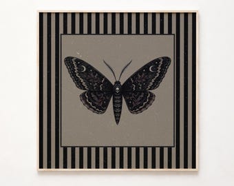 Gothic Moth Wall Art Print, Dark Academia Butterfly Artwork, Victorian Halloween Decor, Celestial Skull Moth Printable